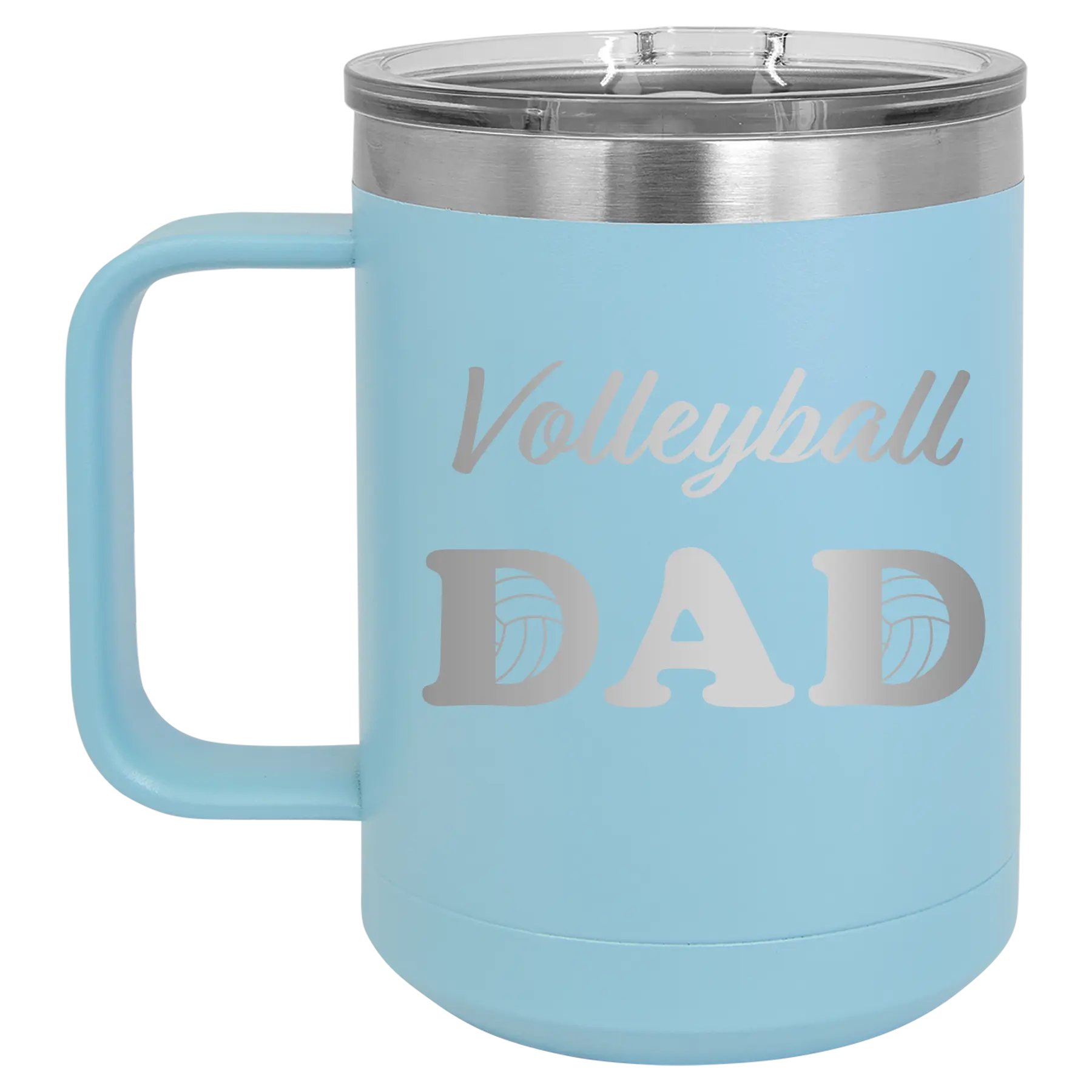Laser etched light blue 15 oz vacuum insulated coffee mug with 'Volleyball Dad2' design