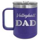 Laser etched purple 15 oz vacuum insulated coffee mug with 'Volleyball Dad2' design