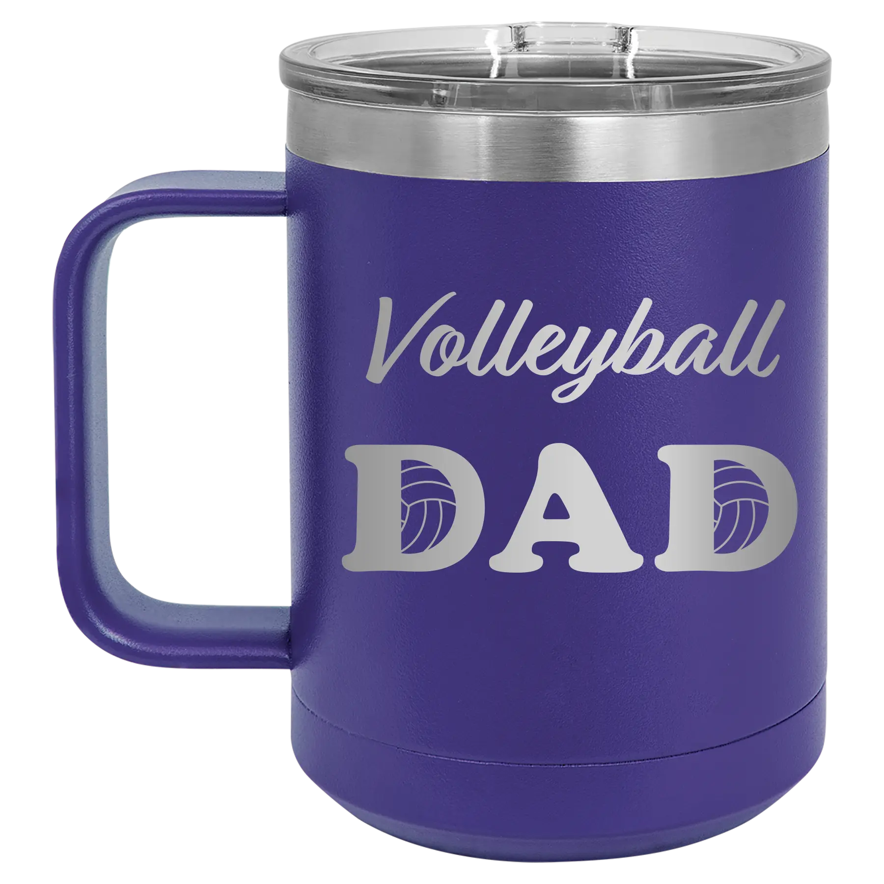 Laser etched purple 15 oz vacuum insulated coffee mug with 'Volleyball Dad2' design