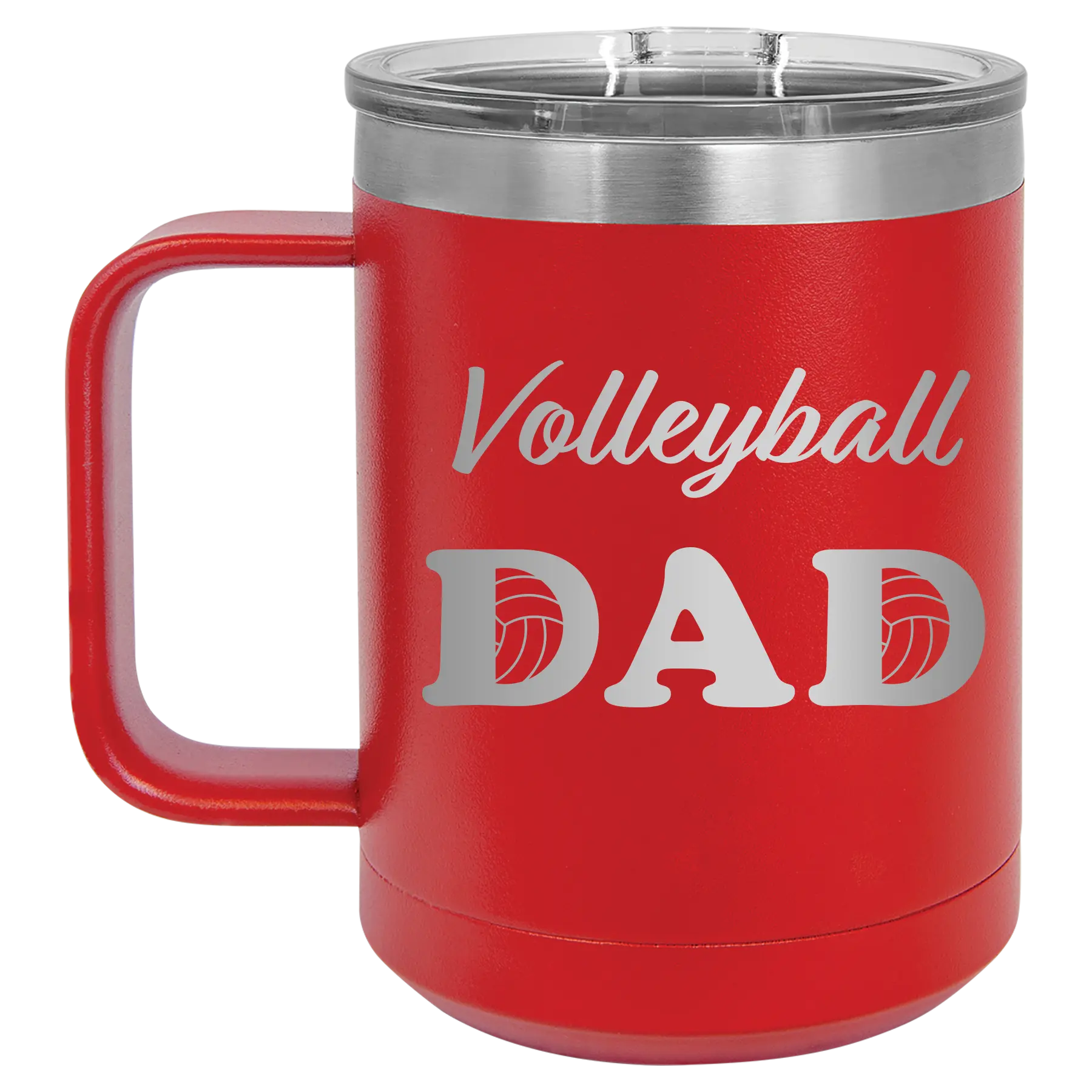 Laser etched red 15 oz vacuum insulated coffee mug with 'Volleyball Dad2' design