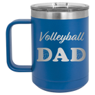Laser etched royal blue 15 oz vacuum insulated coffee mug with 'Volleyball Dad2' design