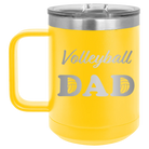 Laser etched yellow 15 oz vacuum insulated coffee mug with 'Volleyball Dad2' design