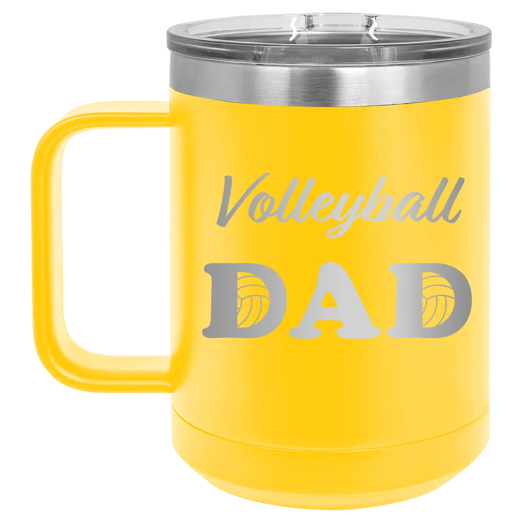 Laser etched yellow 15 oz vacuum insulated coffee mug with 'Volleyball Dad2' design