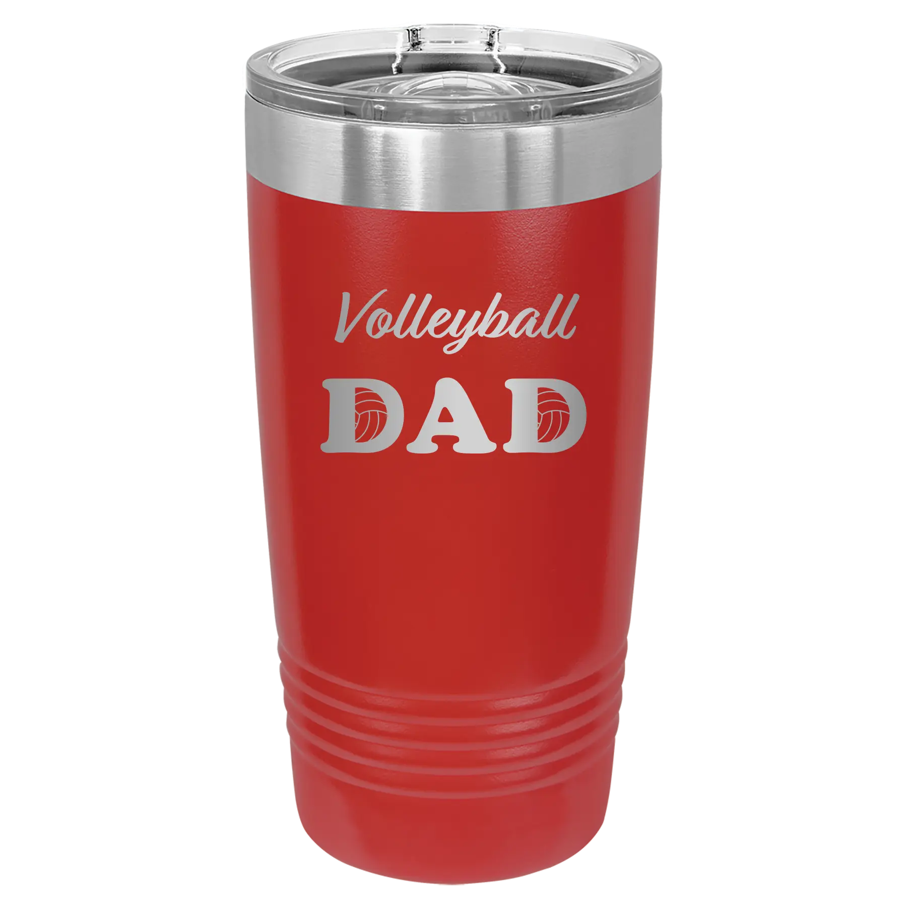 Laser etched red 20 oz vacuum insulated tumbler with 'Volleyball Dad2' design