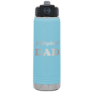 Laser etched light blue 20 oz vacuum insulated water bottle with 'Volleyball Dad2' design