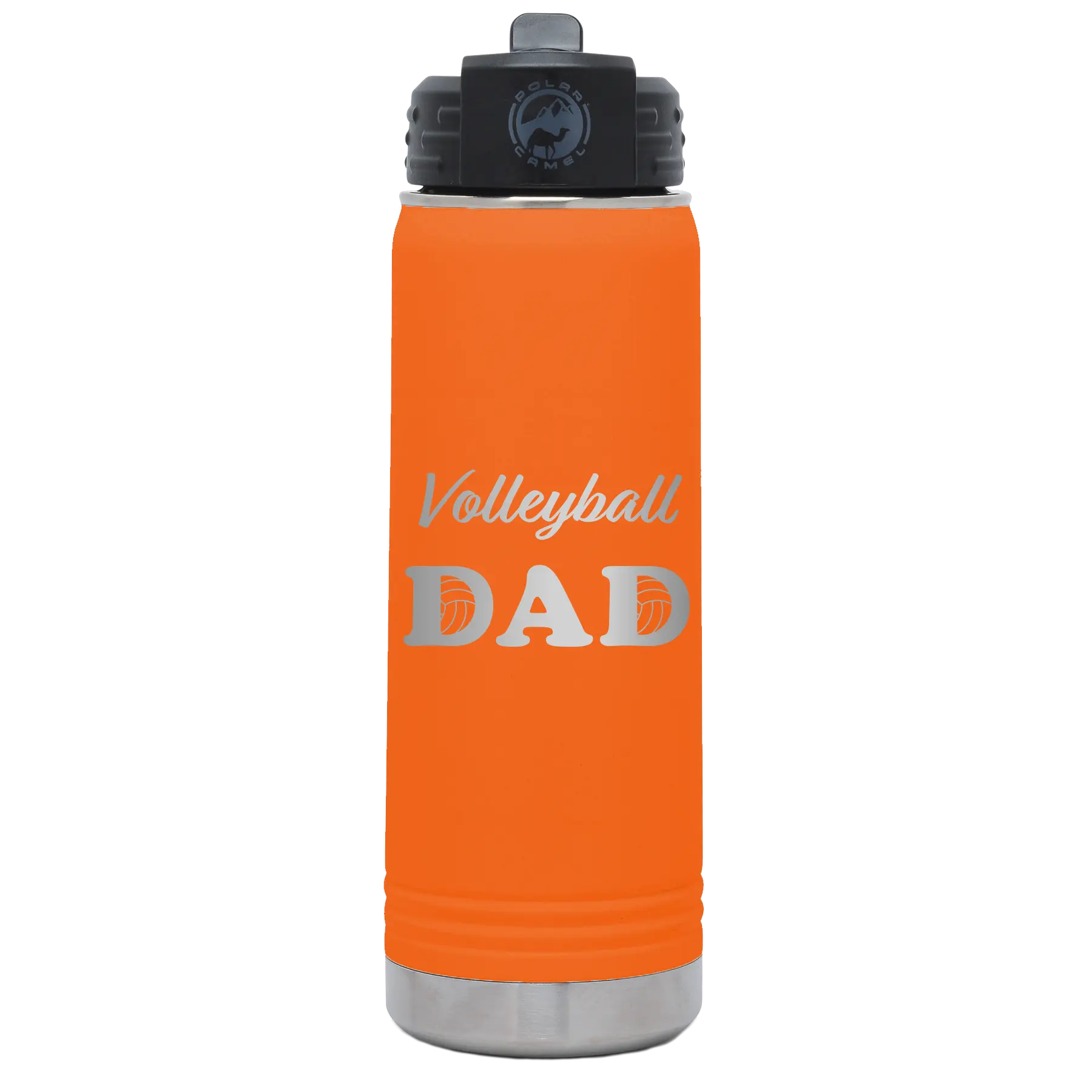 Laser etched orange 20 oz vacuum insulated water bottle with 'Volleyball Dad2' design