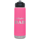 Laser etched pink 20 oz vacuum insulated water bottle with 'Volleyball Dad2' design