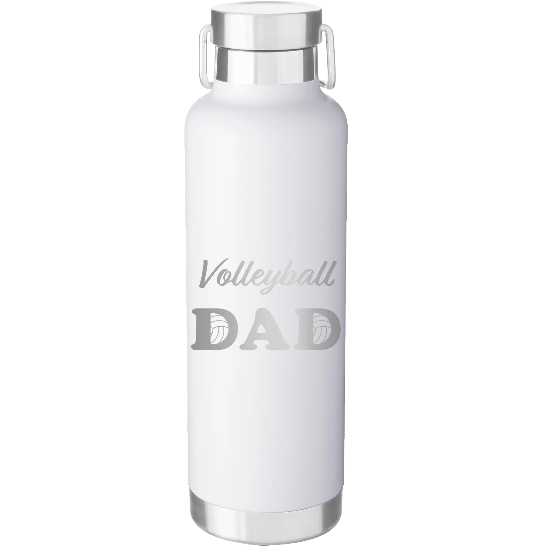 Laser etched white 24 oz vacuum insulated water bottle with 'Volleyball Dad2' design