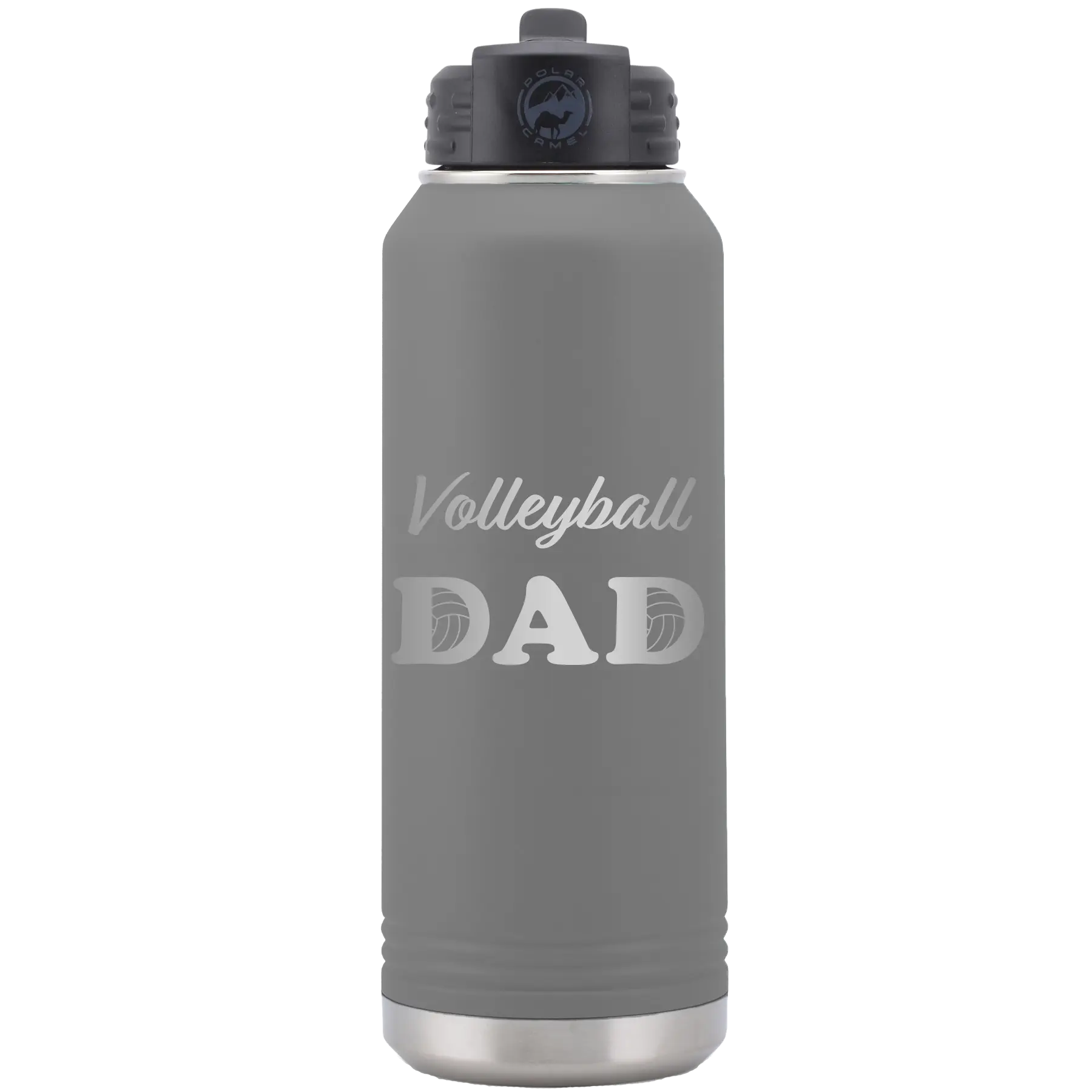 Laser etched dark gray 32 oz vacuum insulated water bottle with 'Volleyball Dad2' design