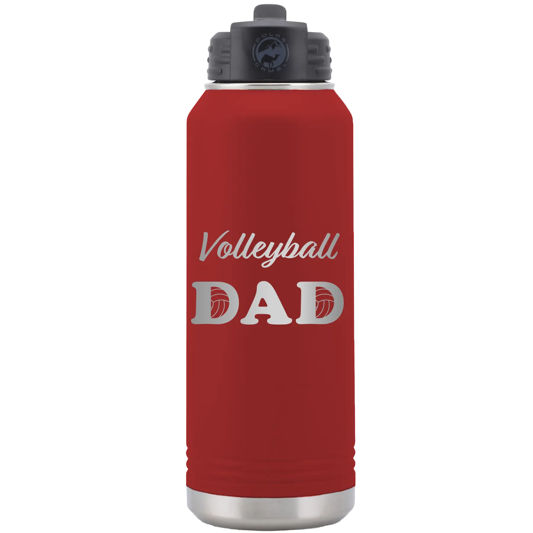 Laser etched maroon 32 oz vacuum insulated water bottle with 'Volleyball Dad2' design