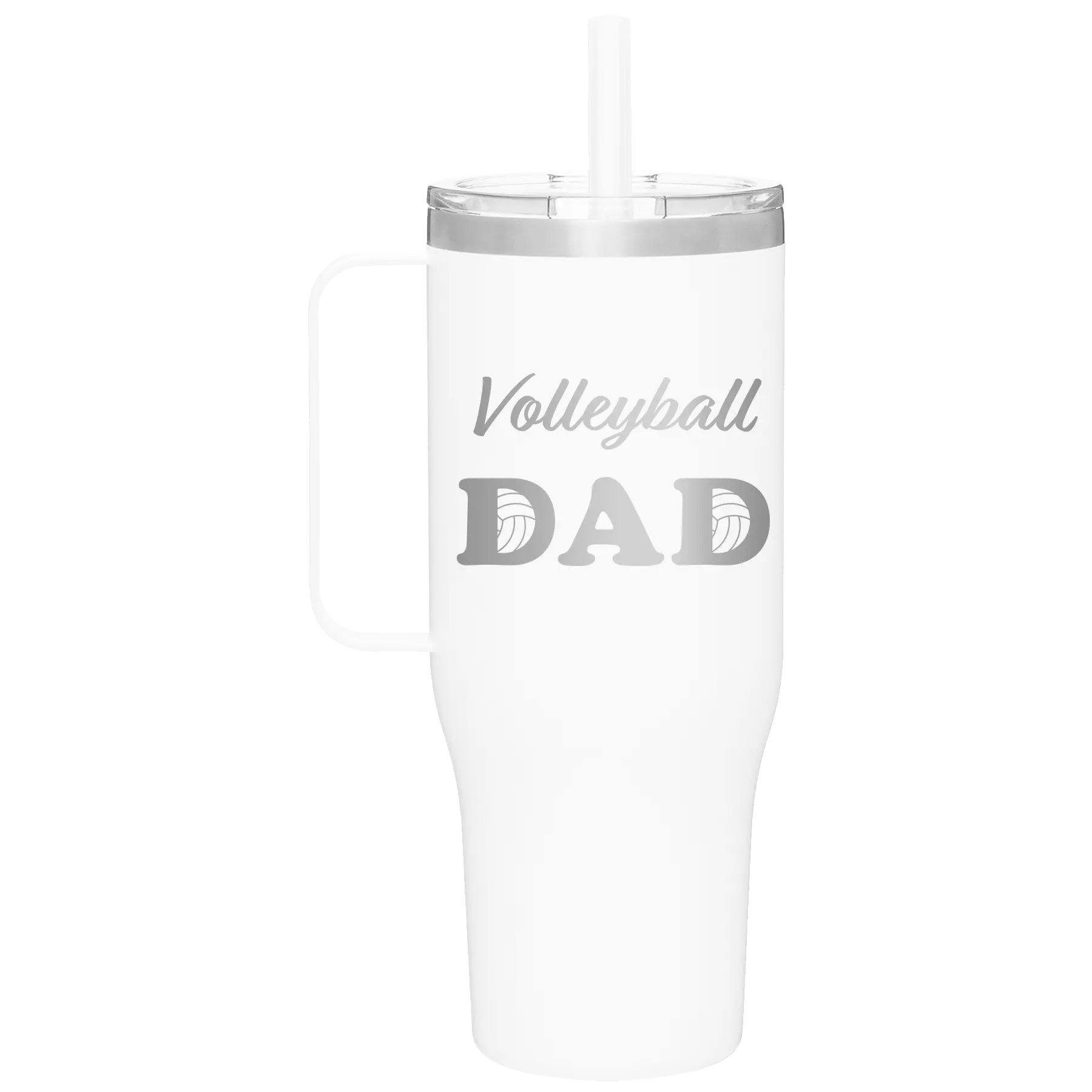 Laser etched white 40 oz vacuum insulated tumbler mug with 'Volleyball Dad2' design