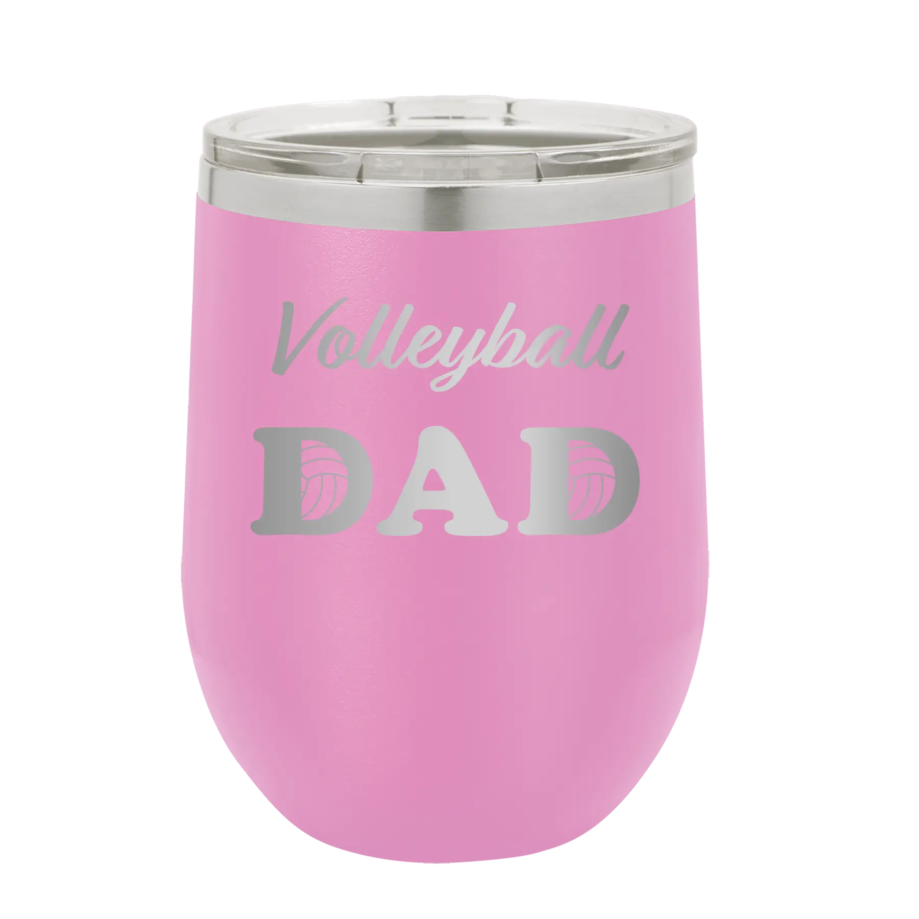 Laser etched light purple 12 oz vacuum insulated wine cup with 'Volleyball Dad2' design