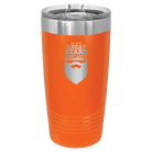 Laser etched orange 20 oz vacuum insulated tumbler with 'With Great Beard Comes Great Responsibility' design