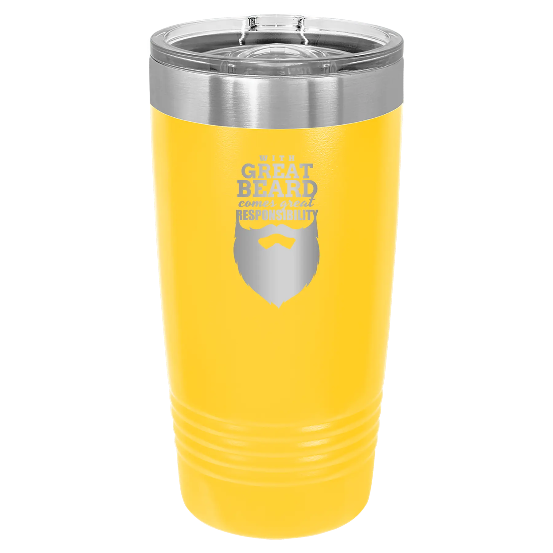 Laser etched yellow 20 oz vacuum insulated tumbler with 'With Great Beard Comes Great Responsibility' design