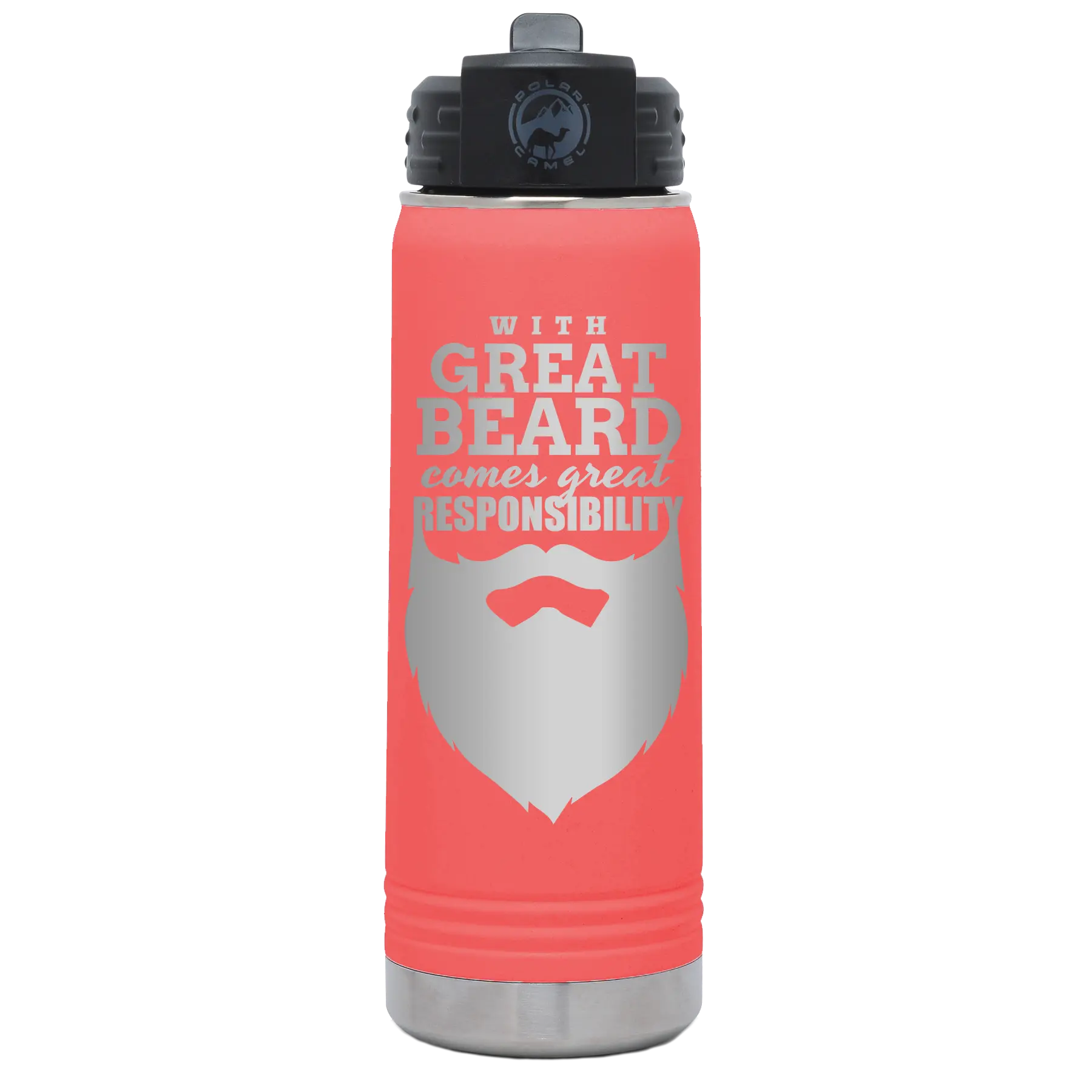 Laser etched coral 20 oz vacuum insulated water bottle with 'With Great Beard Comes Great Responsibility' design