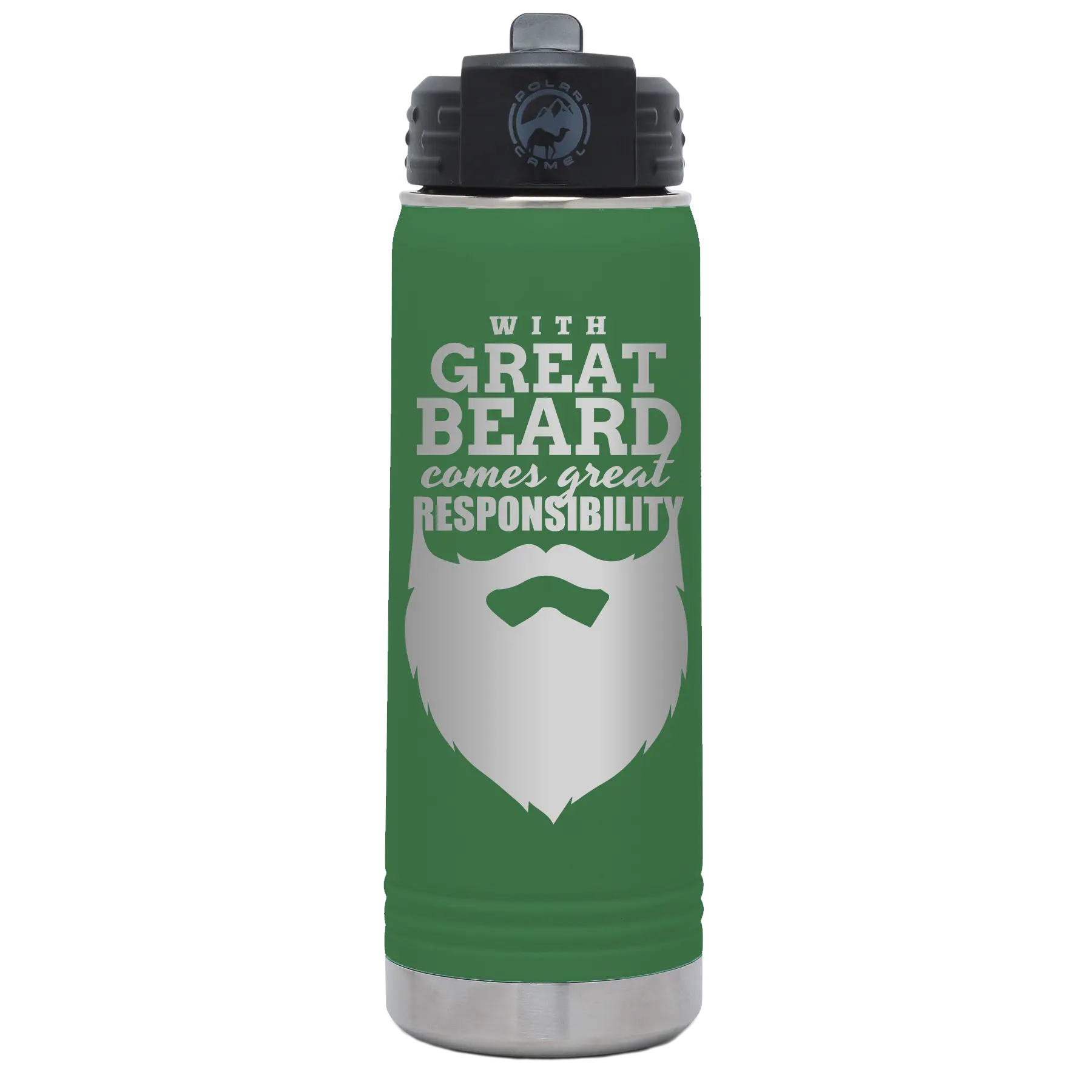 Laser etched green 20 oz vacuum insulated water bottle with 'With Great Beard Comes Great Responsibility' design