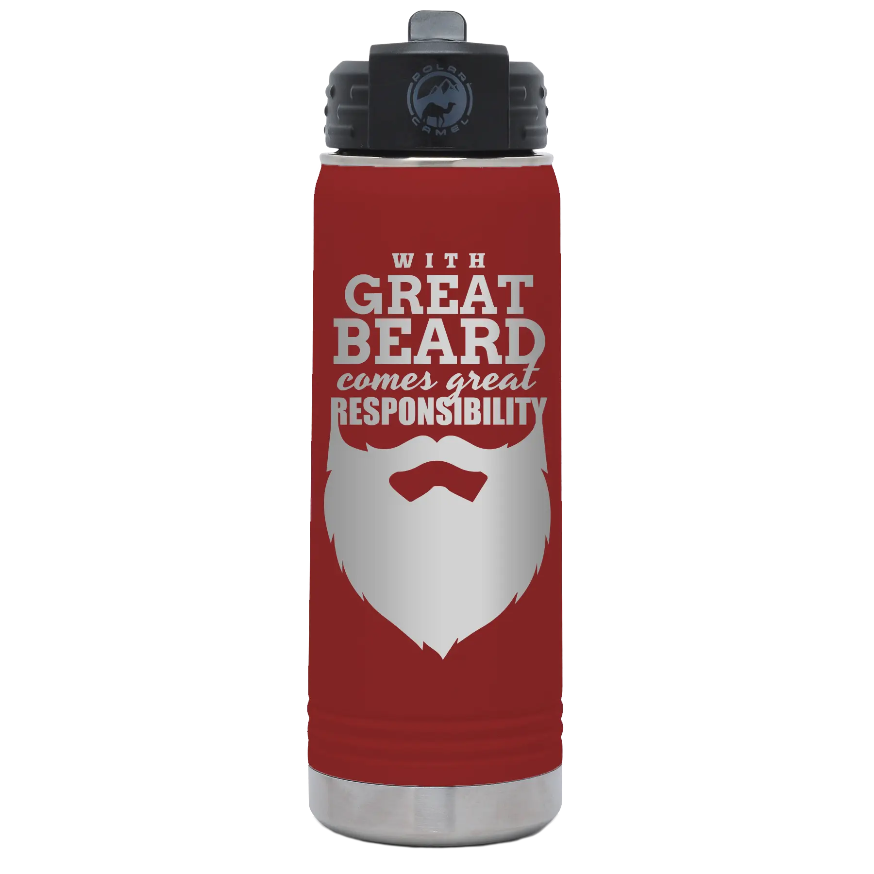 Laser etched maroon 20 oz vacuum insulated water bottle with 'With Great Beard Comes Great Responsibility' design