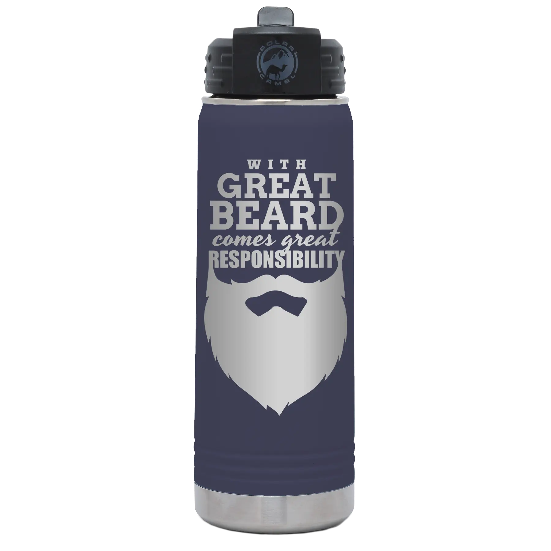 Laser etched navy 20 oz vacuum insulated water bottle with 'With Great Beard Comes Great Responsibility' design