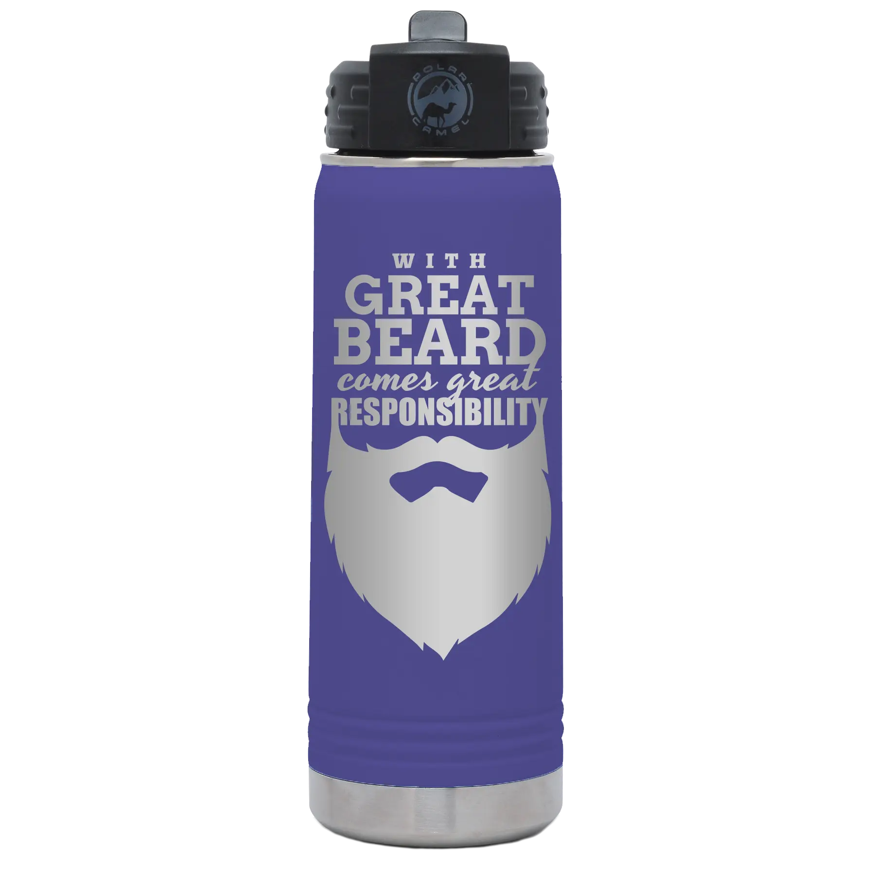 Laser etched purple 20 oz vacuum insulated water bottle with 'With Great Beard Comes Great Responsibility' design