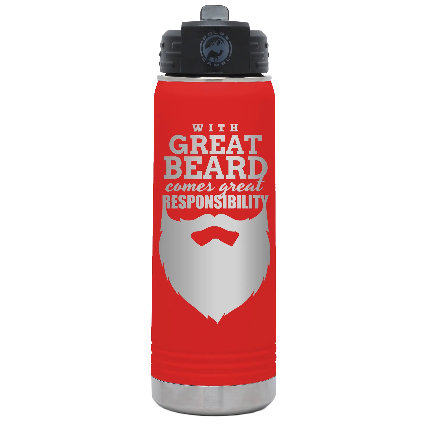 Laser etched red 20 oz vacuum insulated water bottle with 'With Great Beard Comes Great Responsibility' design