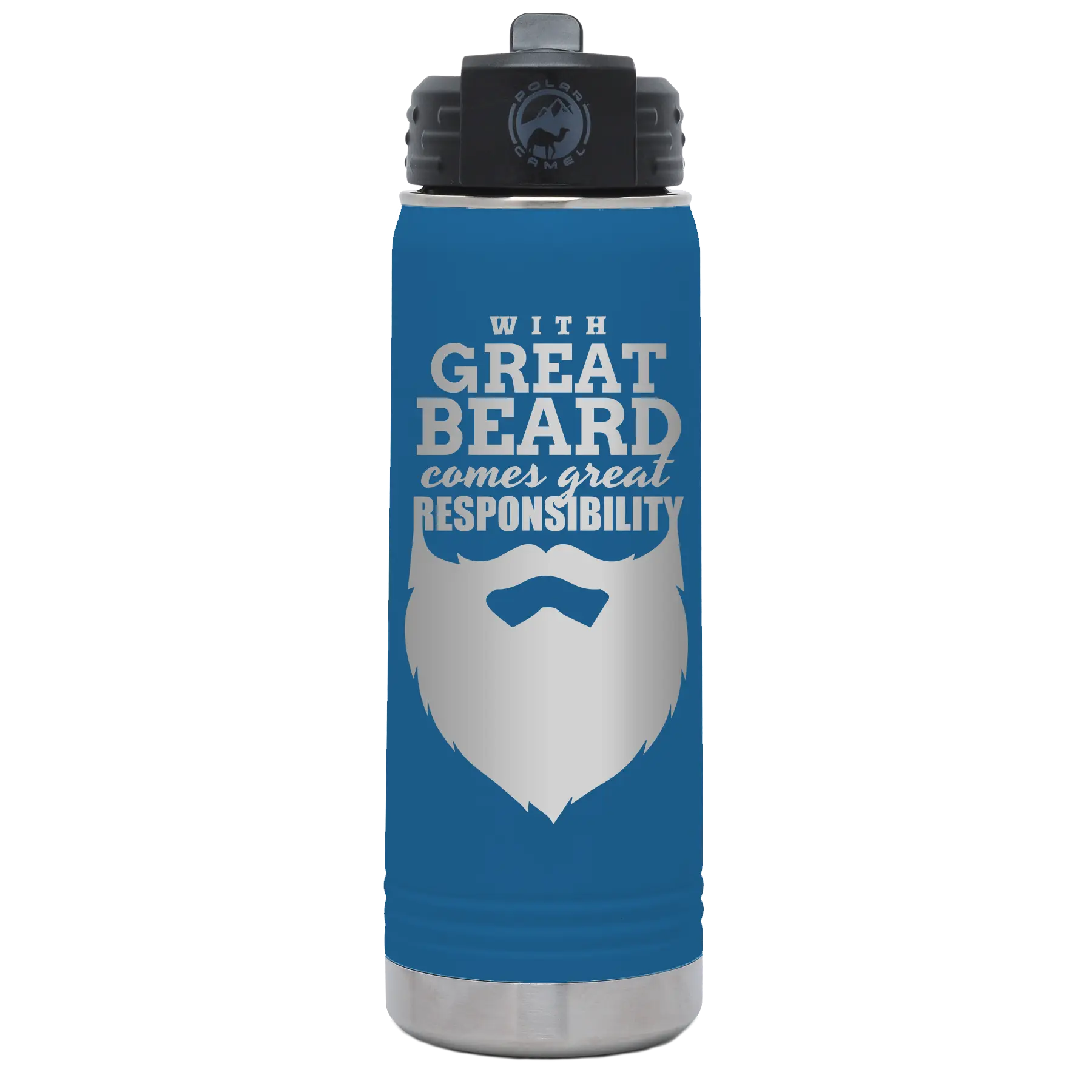 Laser etched royal blue 20 oz vacuum insulated water bottle with 'With Great Beard Comes Great Responsibility' design
