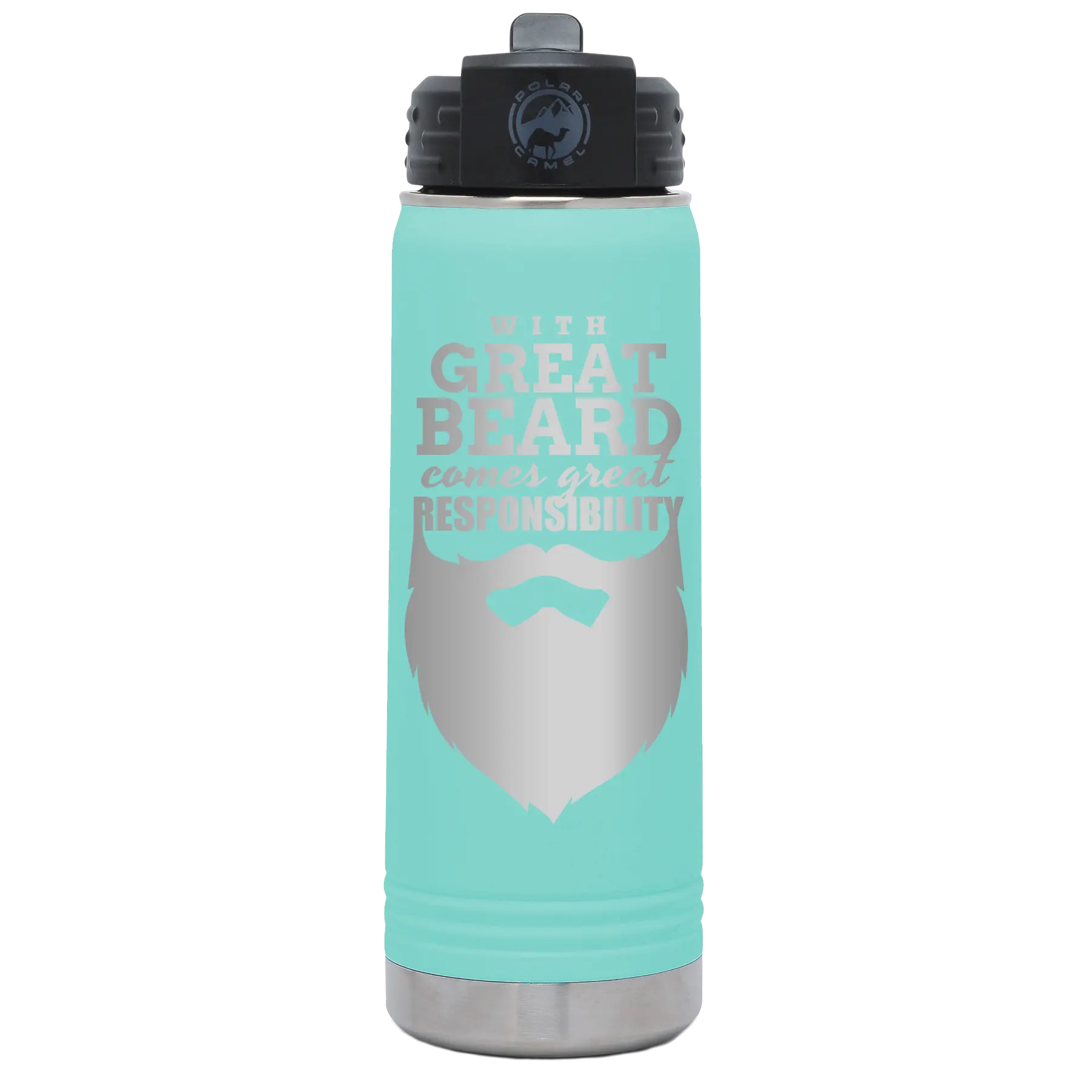 Laser etched teal 20 oz vacuum insulated water bottle with 'With Great Beard Comes Great Responsibility' design