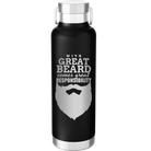 Laser etched black 24 oz vacuum insulated water bottle with 'With Great Beard Comes Great Responsibility' design