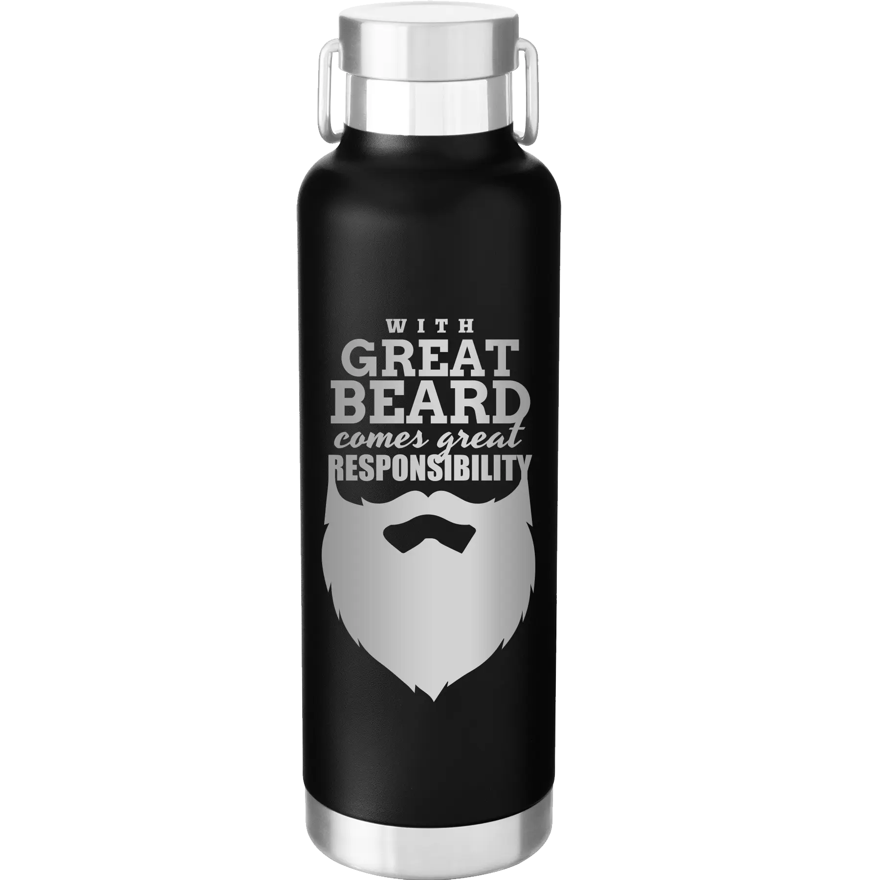 Laser etched black 24 oz vacuum insulated water bottle with 'With Great Beard Comes Great Responsibility' design