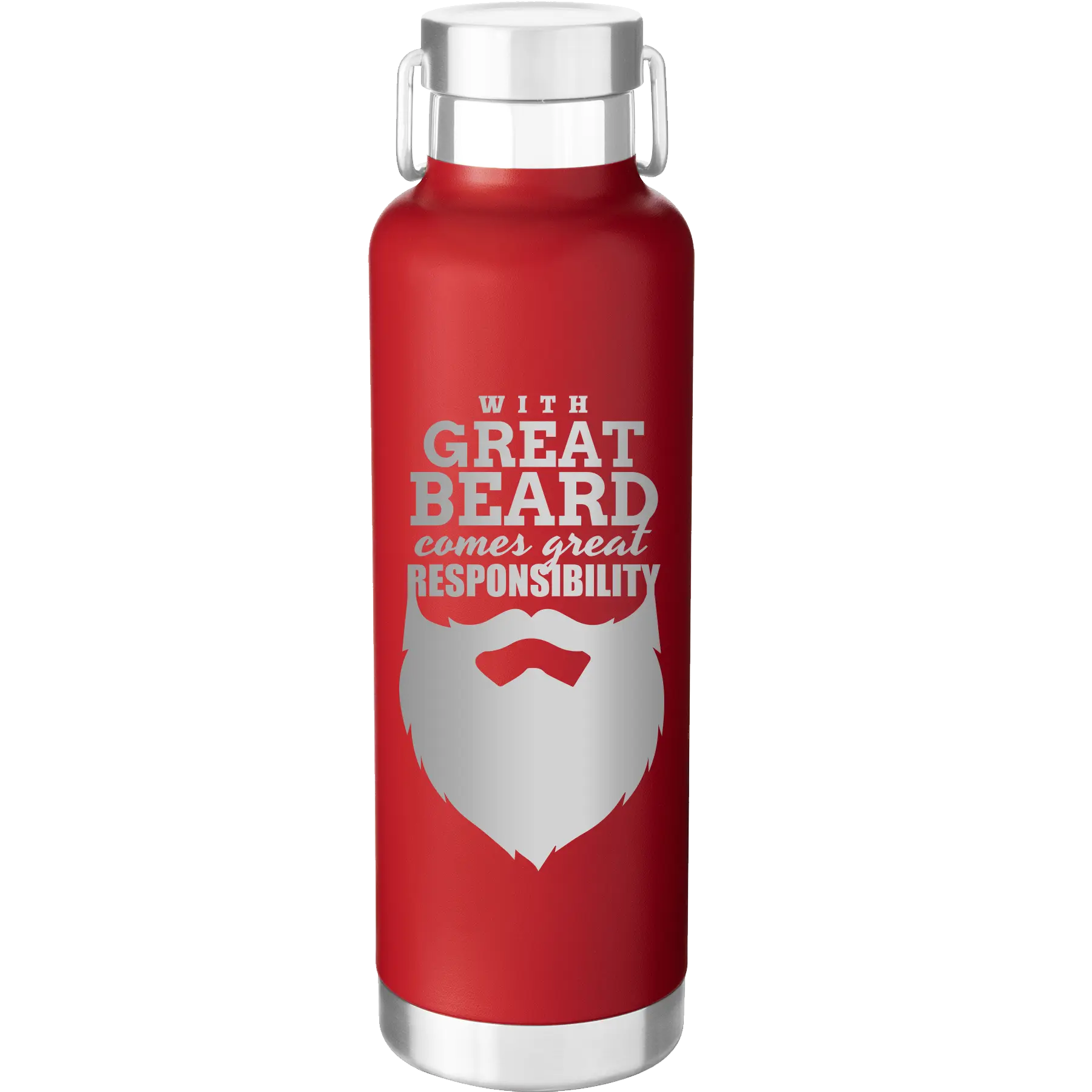 Laser etched red 24 oz vacuum insulated water bottle with 'With Great Beard Comes Great Responsibility' design
