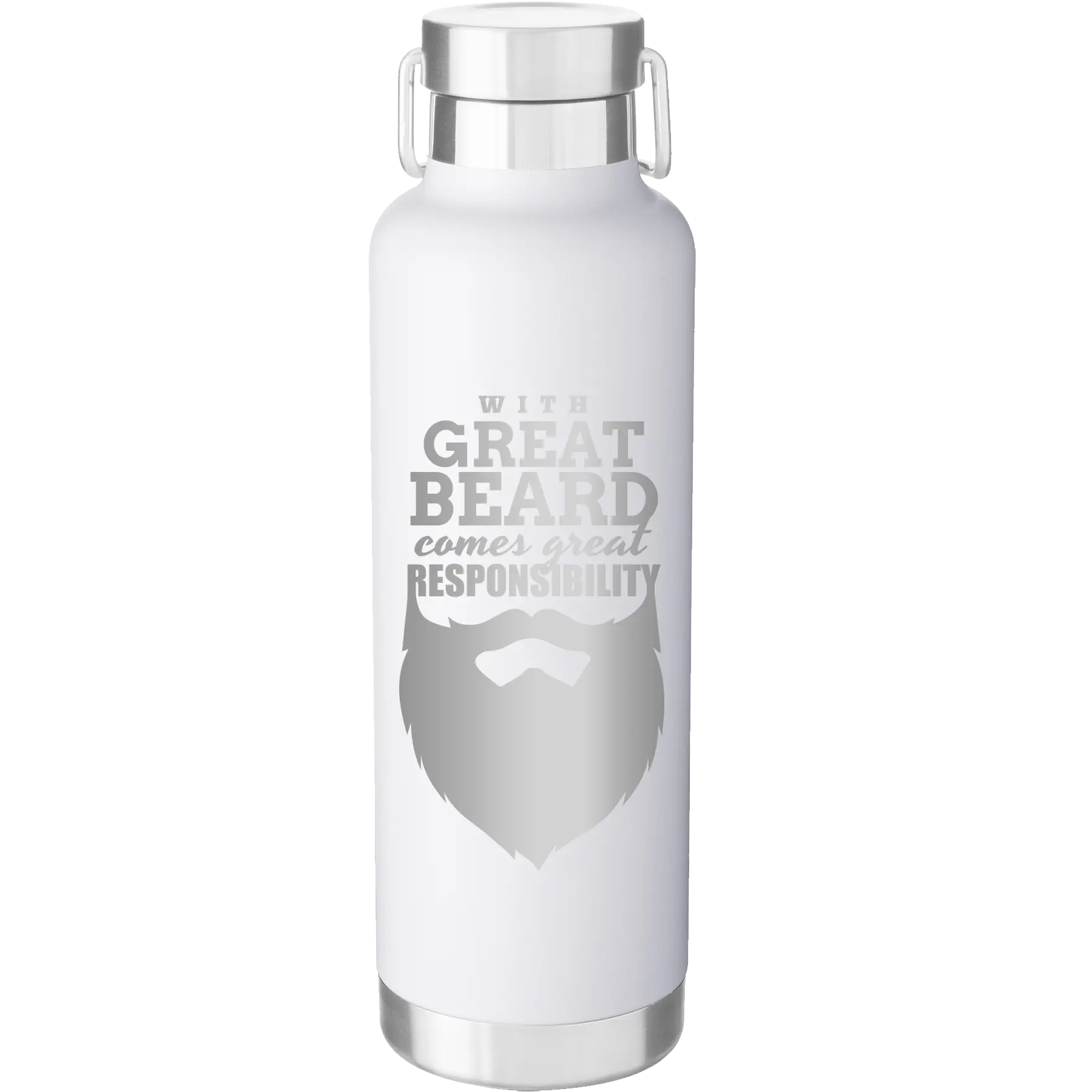 Laser etched white 24 oz vacuum insulated water bottle with 'With Great Beard Comes Great Responsibility' design