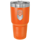 Laser etched orange 30 oz vacuum insulated tumbler with 'With Great Beard Comes Great Responsibility' design