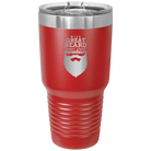 Laser etched red 30 oz vacuum insulated tumbler with 'With Great Beard Comes Great Responsibility' design