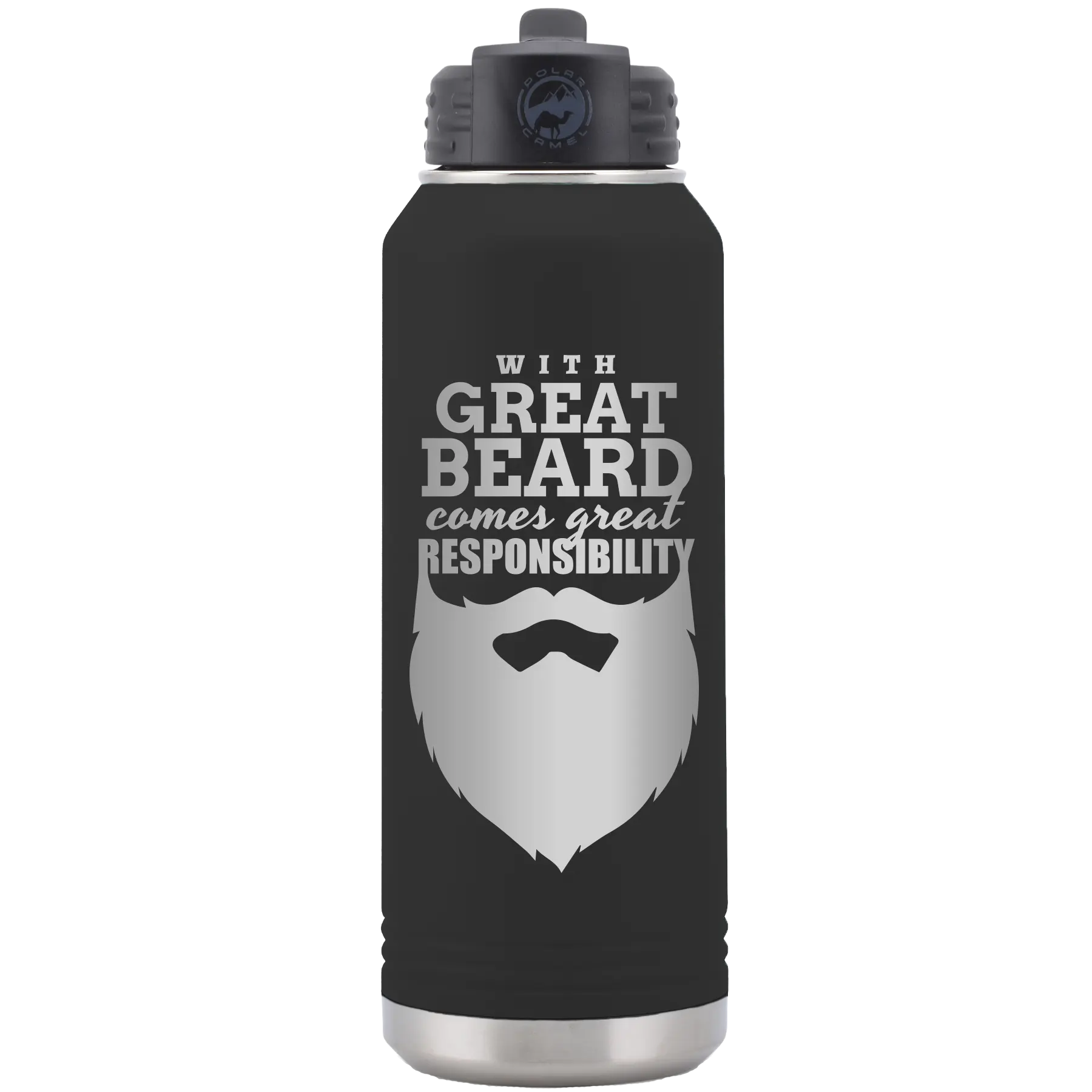 Laser etched black 32 oz vacuum insulated water bottle with 'With Great Beard Comes Great Responsibility' design