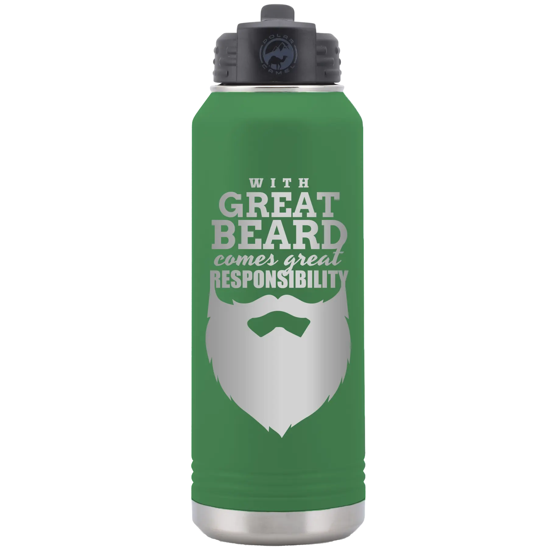Laser etched green 32 oz vacuum insulated water bottle with 'With Great Beard Comes Great Responsibility' design