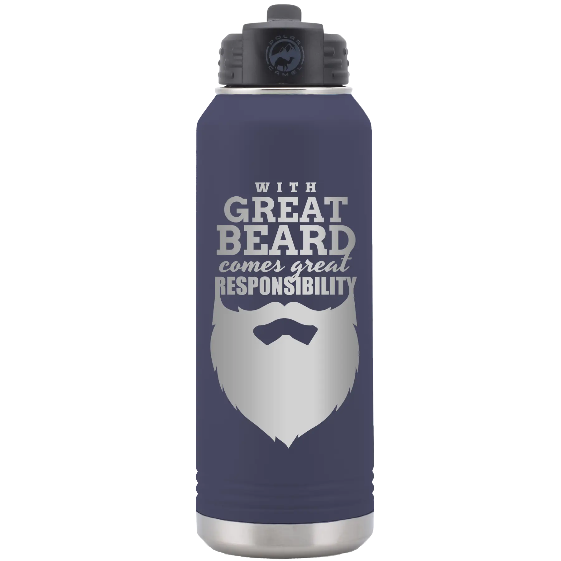 Laser etched navy 32 oz vacuum insulated water bottle with 'With Great Beard Comes Great Responsibility' design
