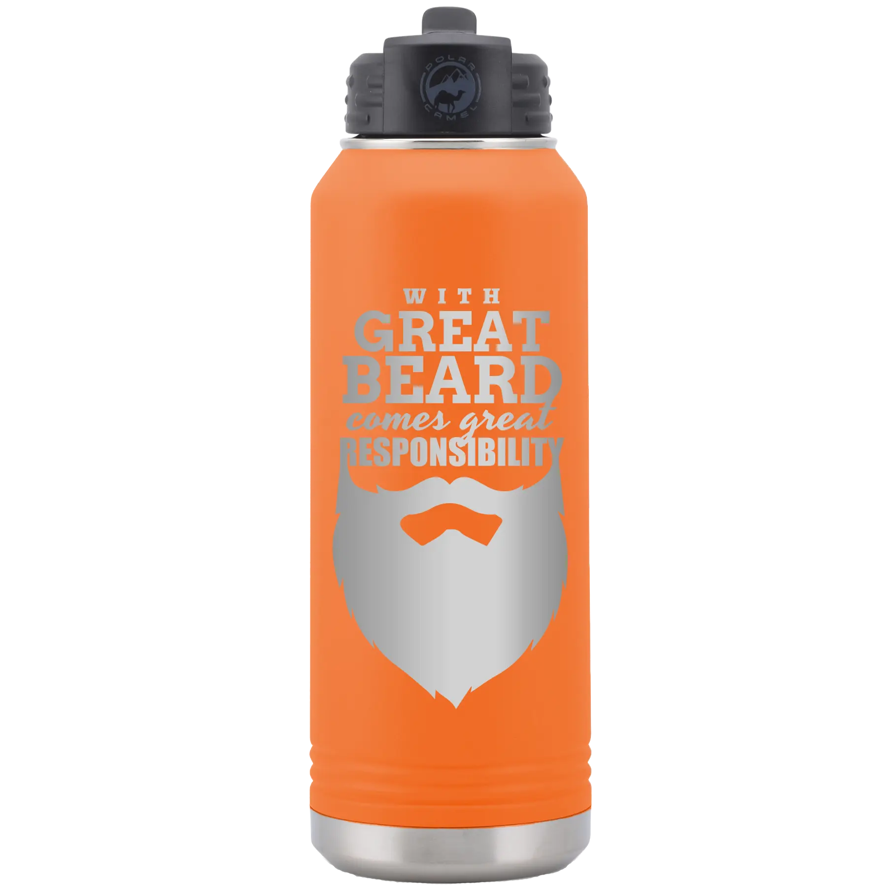 Laser etched orange 32 oz vacuum insulated water bottle with 'With Great Beard Comes Great Responsibility' design