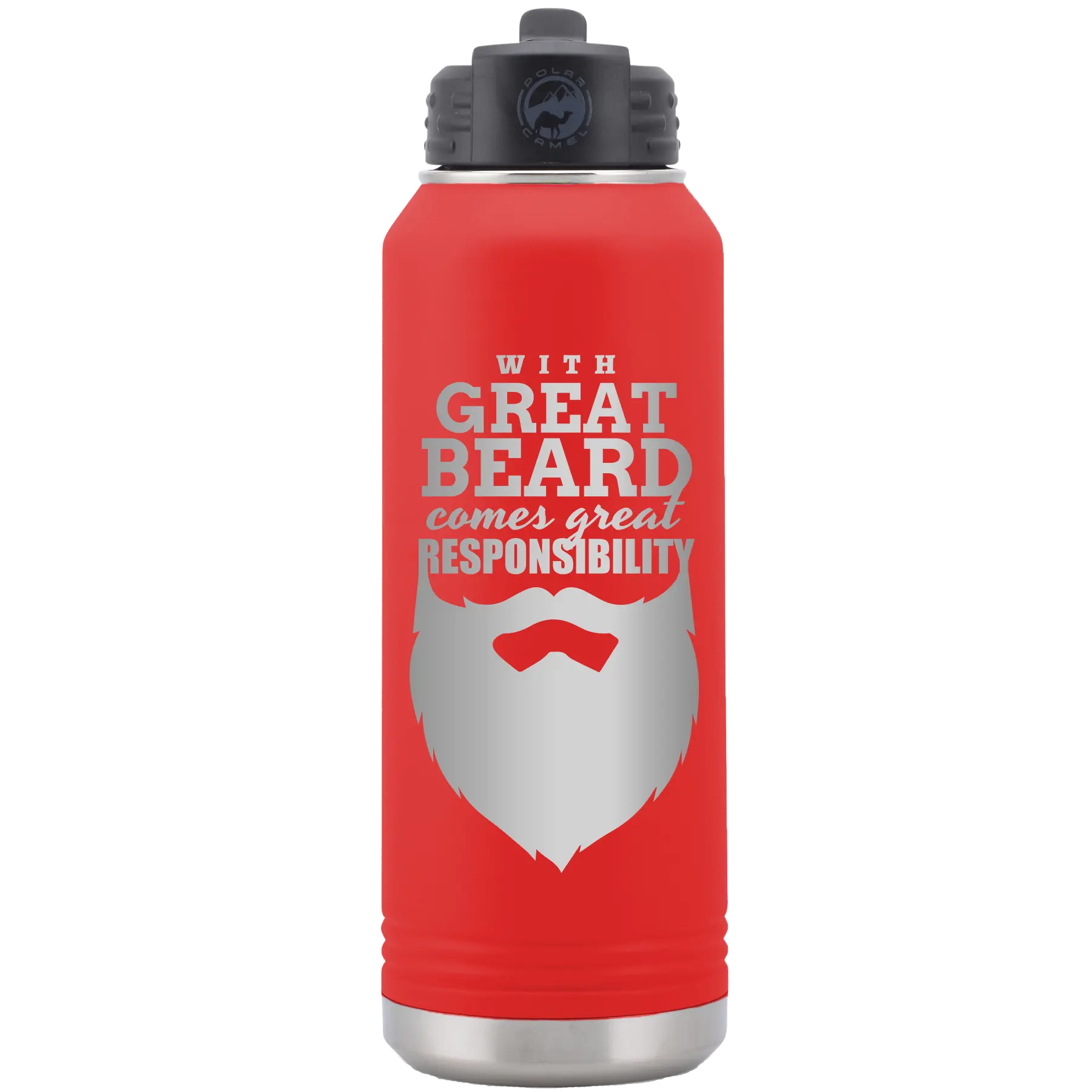 Laser etched red 32 oz vacuum insulated water bottle with 'With Great Beard Comes Great Responsibility' design