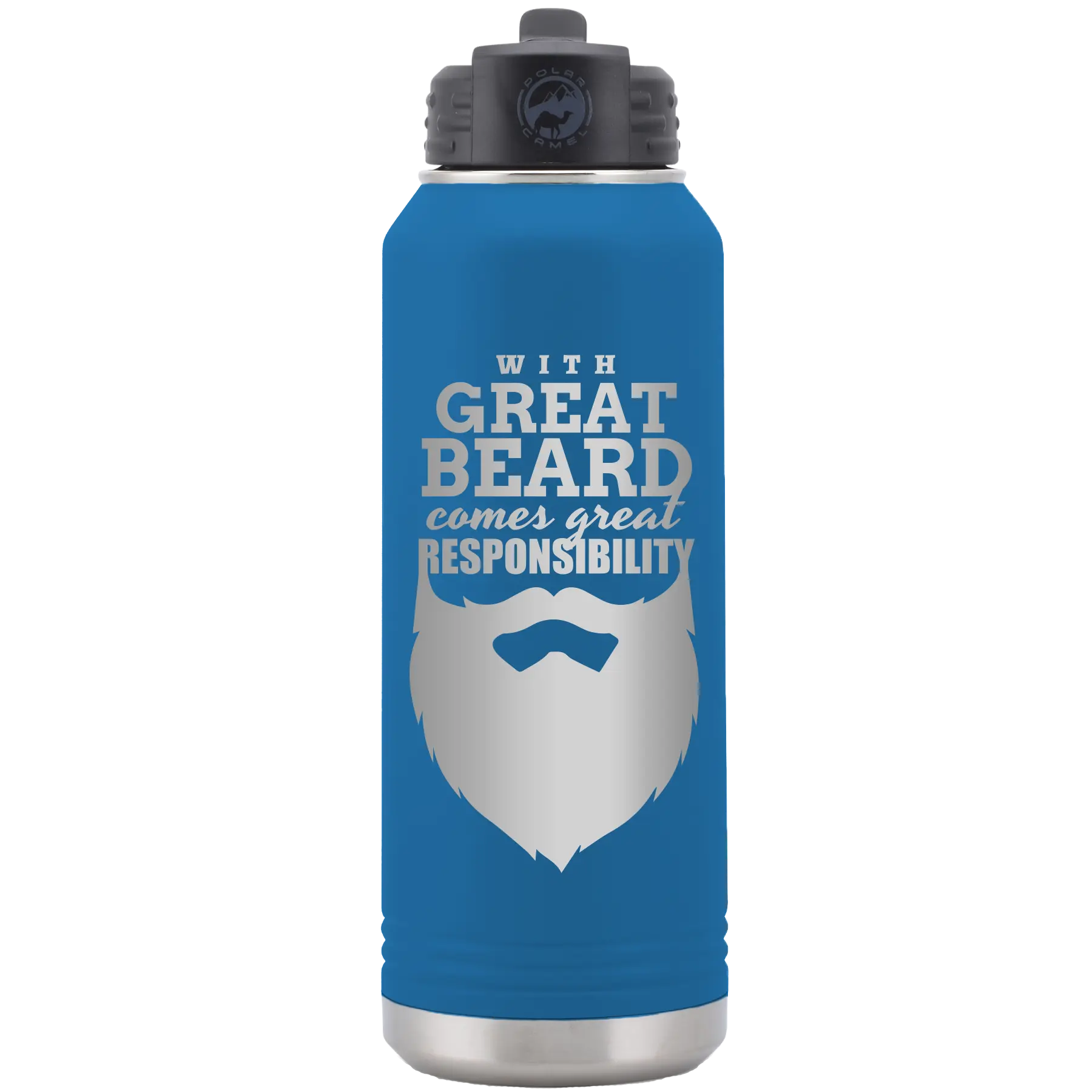 Laser etched royal blue 32 oz vacuum insulated water bottle with 'With Great Beard Comes Great Responsibility' design