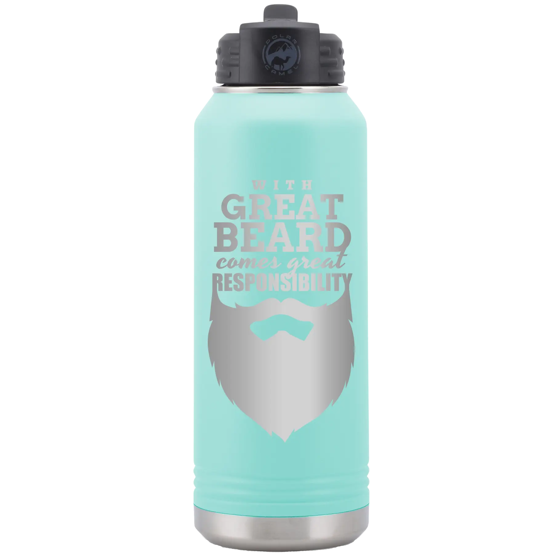Laser etched teal 32 oz vacuum insulated water bottle with 'With Great Beard Comes Great Responsibility' design