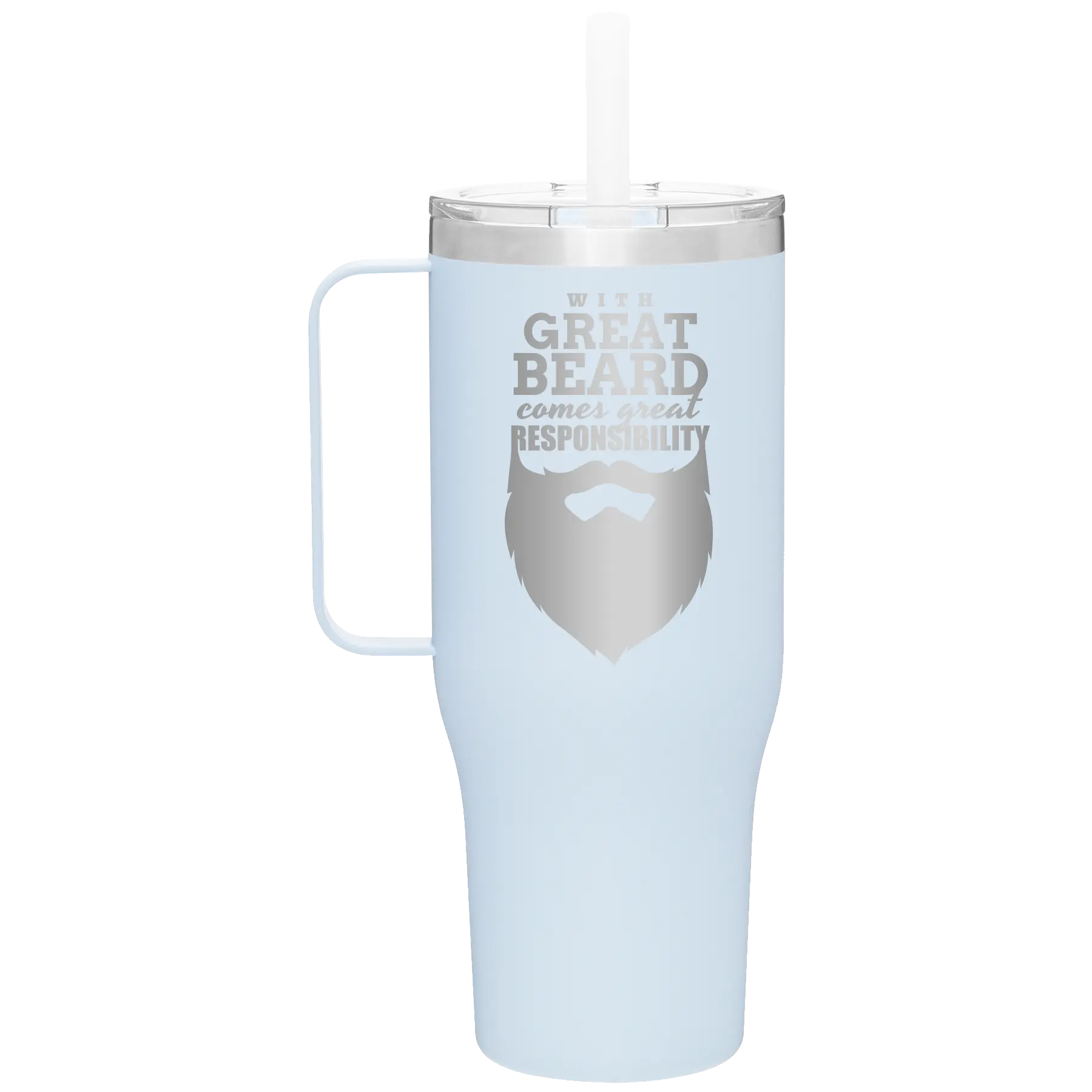 Laser etched landfall 40 oz vacuum insulated tumbler mug with 'With Great Beard Comes Great Responsibility' design