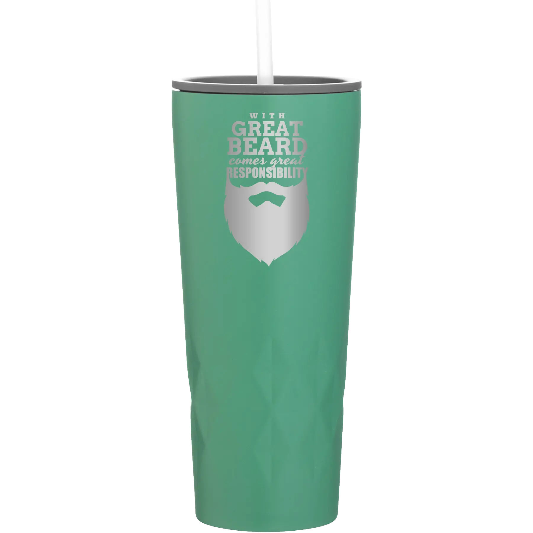 Laser etched forage 20 oz vacuum insulated tumbler with 'With Great Beard Comes Great Responsibility' design
