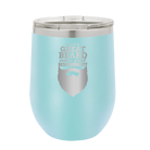 Laser etched light blue 12 oz vacuum insulated wine cup with 'With Great Beard Comes Great Responsibility' design