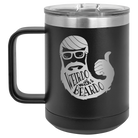 Laser etched black 15 oz vacuum insulated coffee mug with 'Weirdo with a Beardo' design