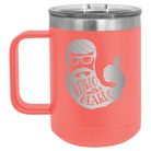 Laser etched coral 15 oz vacuum insulated coffee mug with 'Weirdo with a Beardo' design