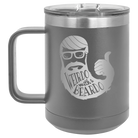 Laser etched dark gray 15 oz vacuum insulated coffee mug with 'Weirdo with a Beardo' design