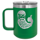 Laser etched green 15 oz vacuum insulated coffee mug with 'Weirdo with a Beardo' design