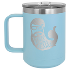 Laser etched light blue 15 oz vacuum insulated coffee mug with 'Weirdo with a Beardo' design
