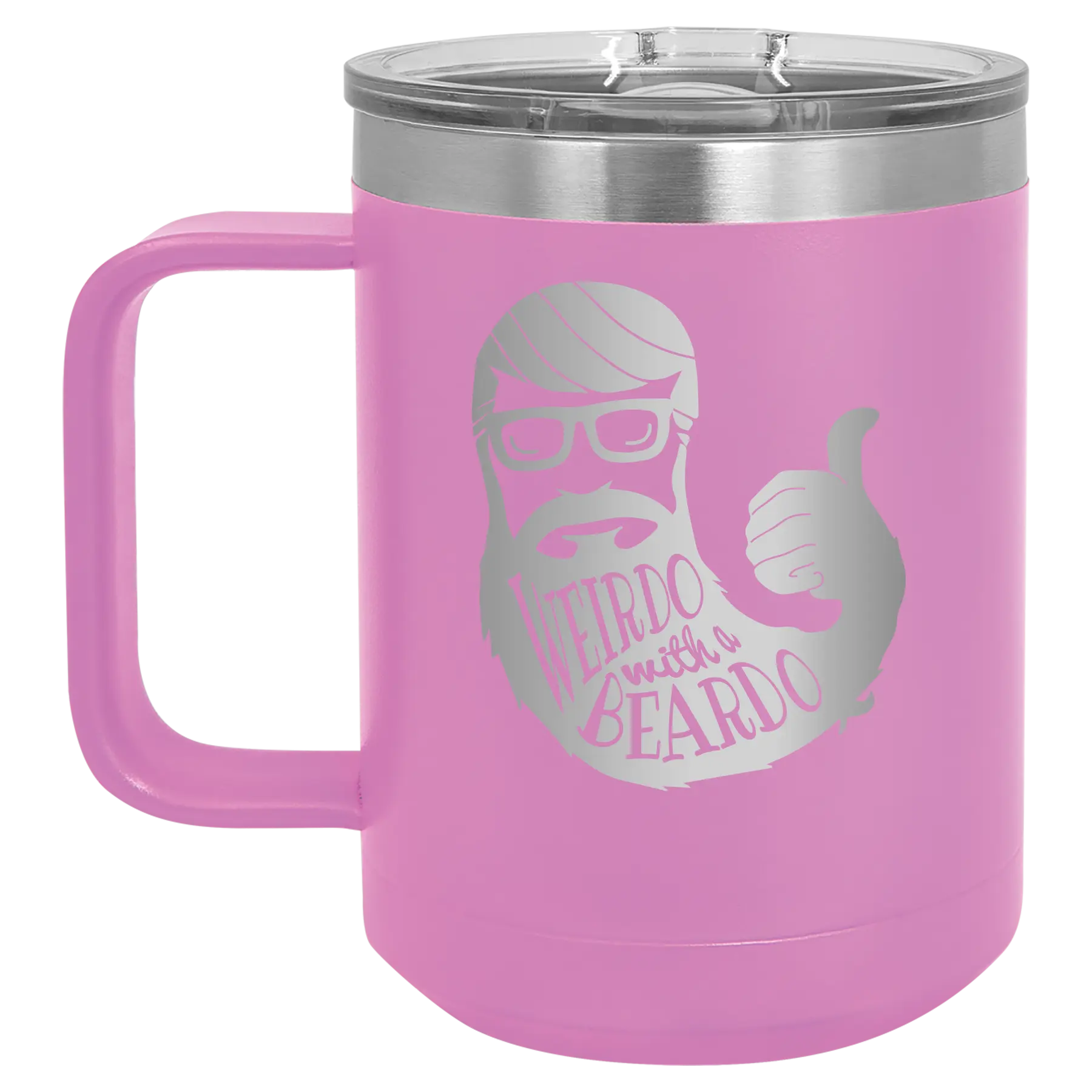 Laser etched light purple 15 oz vacuum insulated coffee mug with 'Weirdo with a Beardo' design