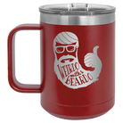 Laser etched maroon 15 oz vacuum insulated coffee mug with 'Weirdo with a Beardo' design