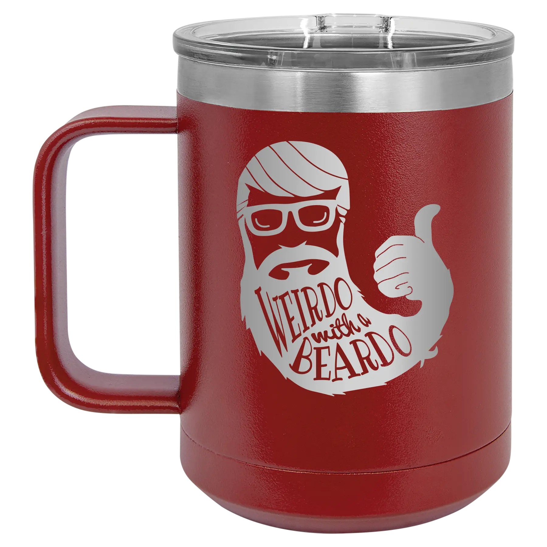 Laser etched maroon 15 oz vacuum insulated coffee mug with 'Weirdo with a Beardo' design